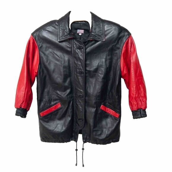 Leather‎ Coat Mens XL Unbranded Jacket Made In USA Black And Red Zip And Button
